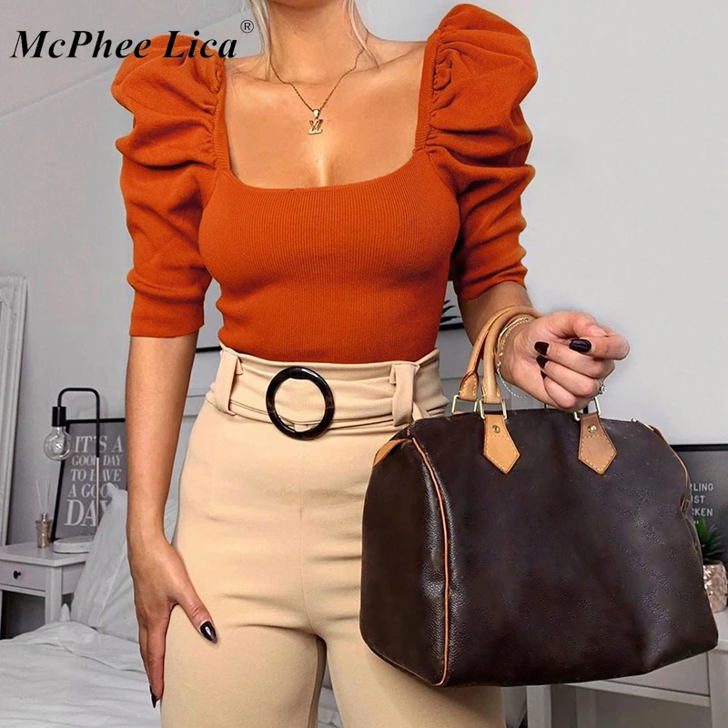 Винтажный буф рукав женская блузка квадратный вырез корейский стиль топы