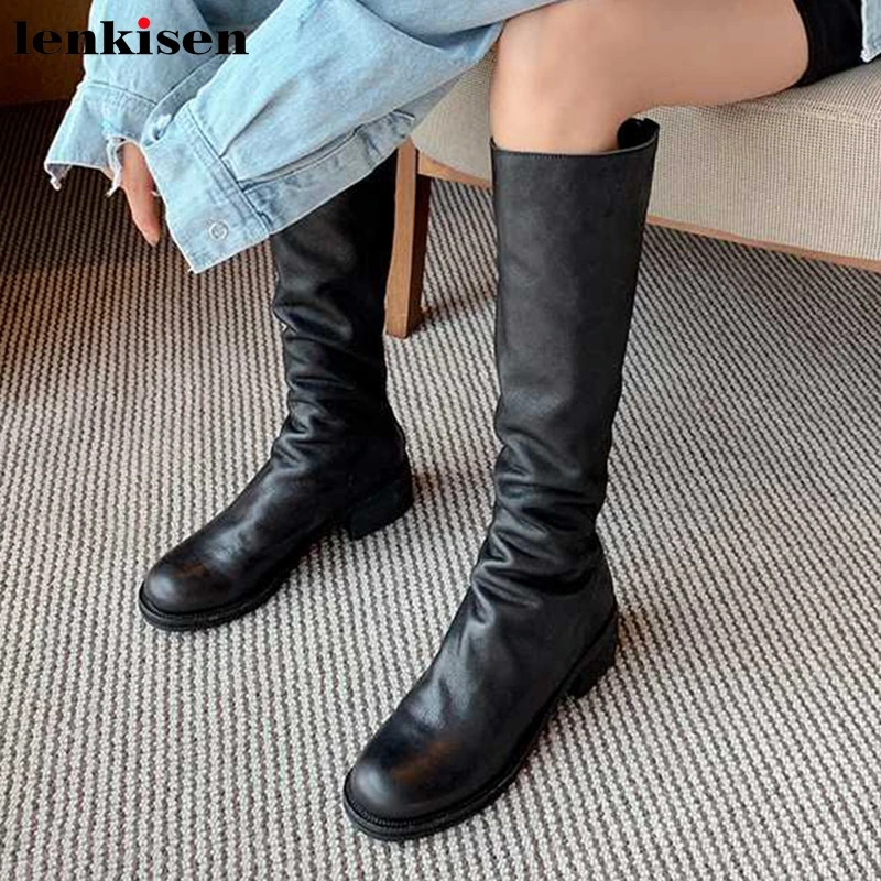 

Lenkisen classic fashion concise style soft genuine leather women shoes round toe med heels pleated back Zipper winter keep warm black colors thigh high boots L60