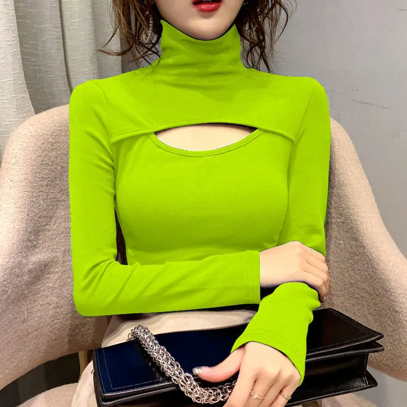 

Korean Solid Base Shirt Fall Winter Basic Wild Woman Tshirts Tops Sexy Hollow High Collar Slim Long Sleeve T Shirt Women Clotnes