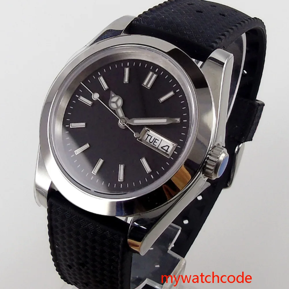 

40mm NH36A Automatic Men Watch Black Sterile Dial Date Week Display Leather Strap Polished Case Solid Back Screw Down Crown