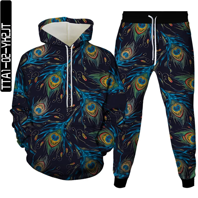 

2021New 3D Popular men/women Casual fashion suits Street hip hop hoodie+trousers wear out shopping travel wear Feather diagram