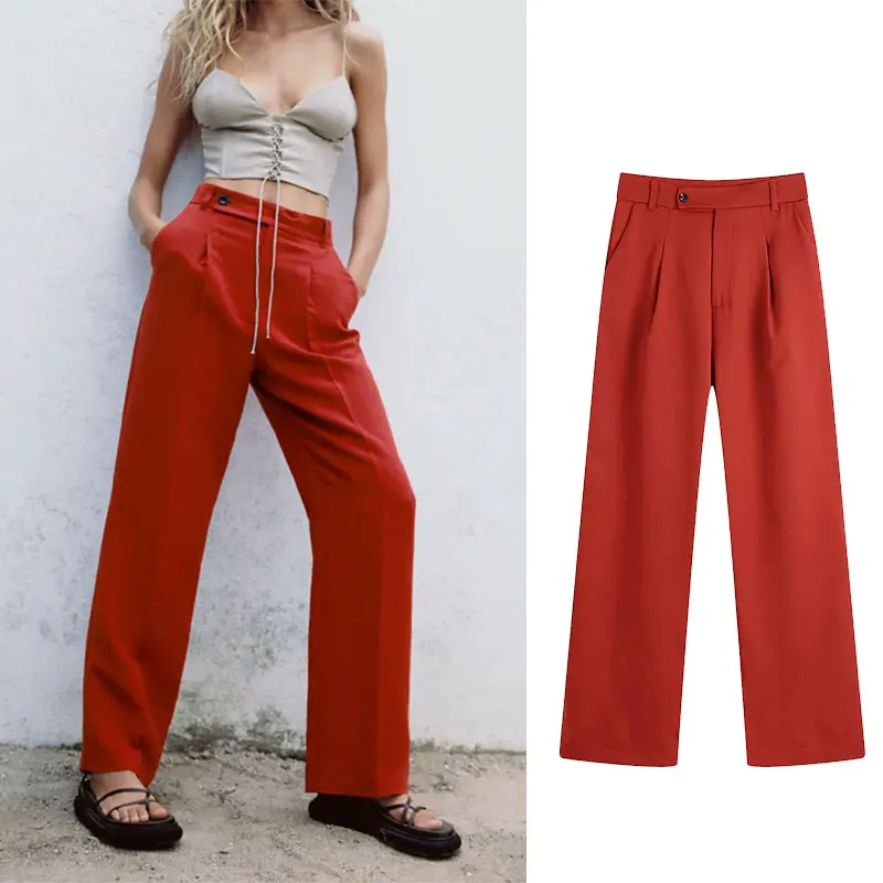 

Брючный костюм PPYQYKX Za, женские прямые брюки с высокой талией, женские осенние офисные брюки 2021, Женский винтажный комплект осенних жидких бр...