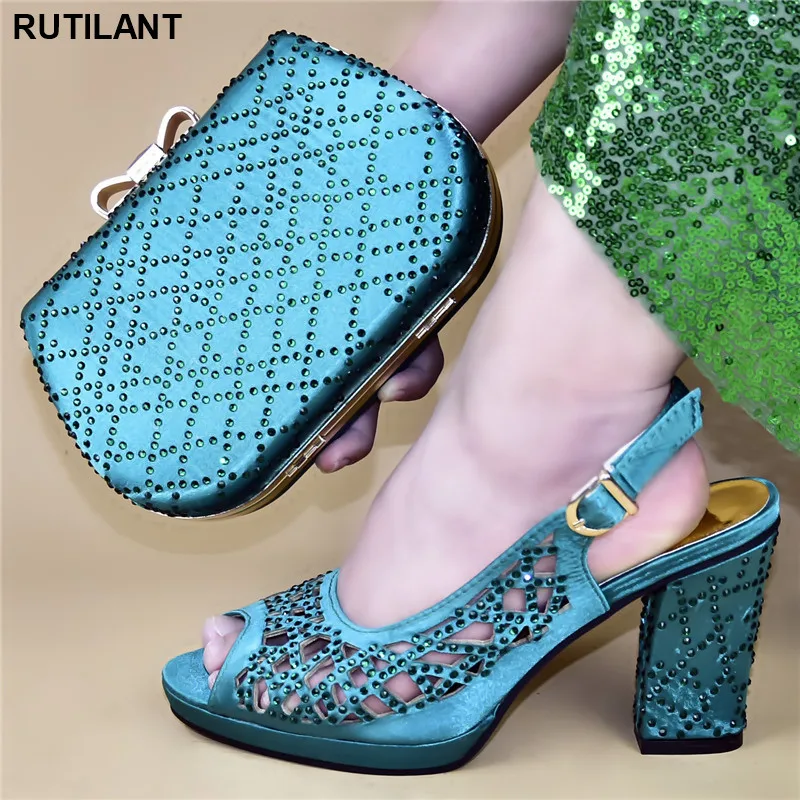 Новейший дизайн зеленый цвет наборы нигерийских туфель и сумок для вечевечерние