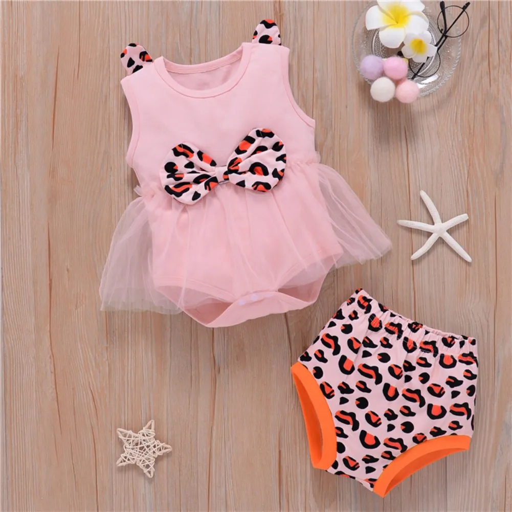 

Baby Girls' Cute And Sweet Lace Top Triangle Short Sleeve Romper Top + Leopard Print Pant Jumpsuit