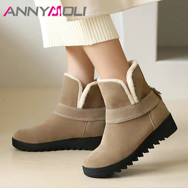 

ANNYMOLI Med Heel Ankle Boots Woman Boots Round Toe Short Boots Platform Height Increasing Heel Ladies Shoes Autumn Winter 35-43