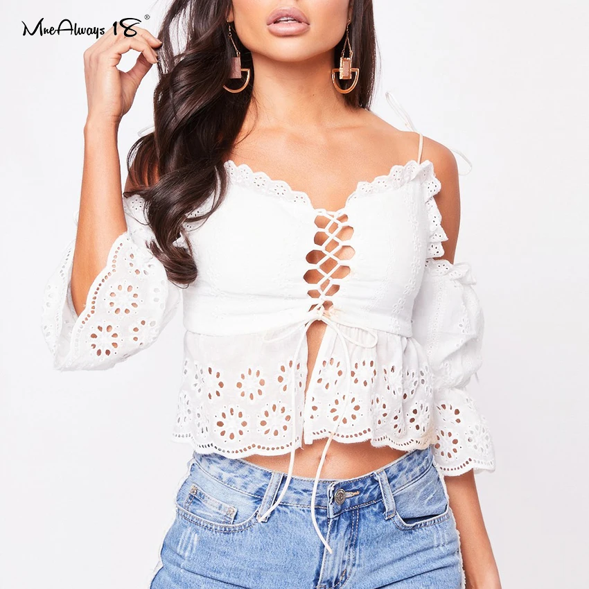 Женская ажурная блузка Mnealways18 белая пляжная хлопковая в стиле бохо с открытыми
