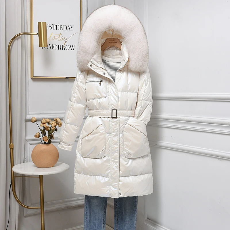 Fitaylor Winter Large Real Fur Collar Hooded Feather Long Jacket Women with Belt Slim Down Coat Bright Surface Fit Thick Outwear | Женская