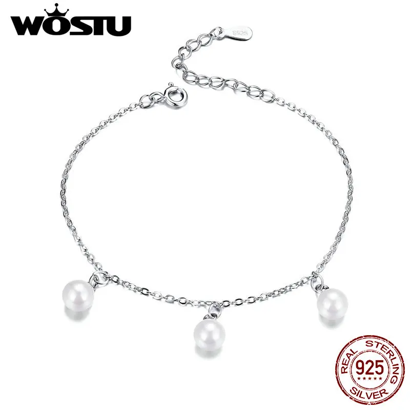 WOSTU, классические браслеты с пресноводным жемчугом, 925 пробы, серебряная цепочка для женщин, для свадебной вечеринки, серебряные 925 ювелирные изделия CQB132