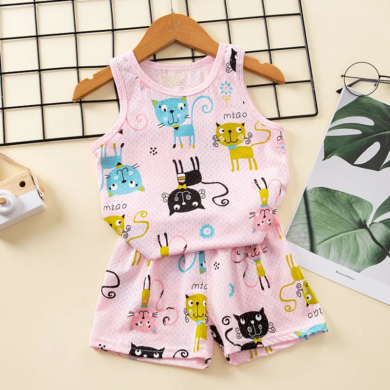 

Children's vest Suit Boy Summer Sleeveless Shorts Breathable mesh breathable Cotton two-piece suit Female Treasure Home Service