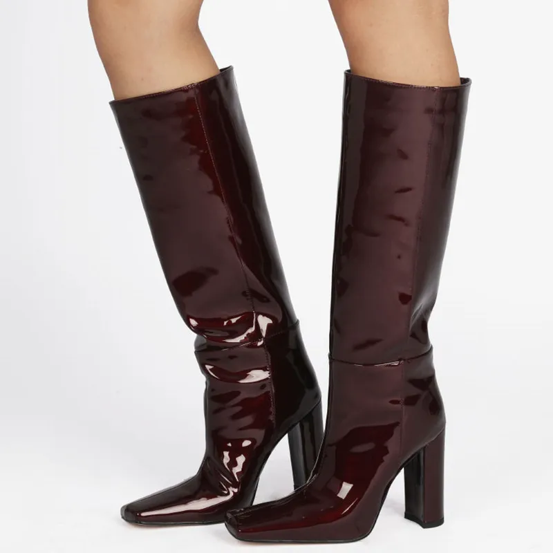 Женские сапоги до колена на массивном каблуке 10 см с квадратным носком|Сапоги