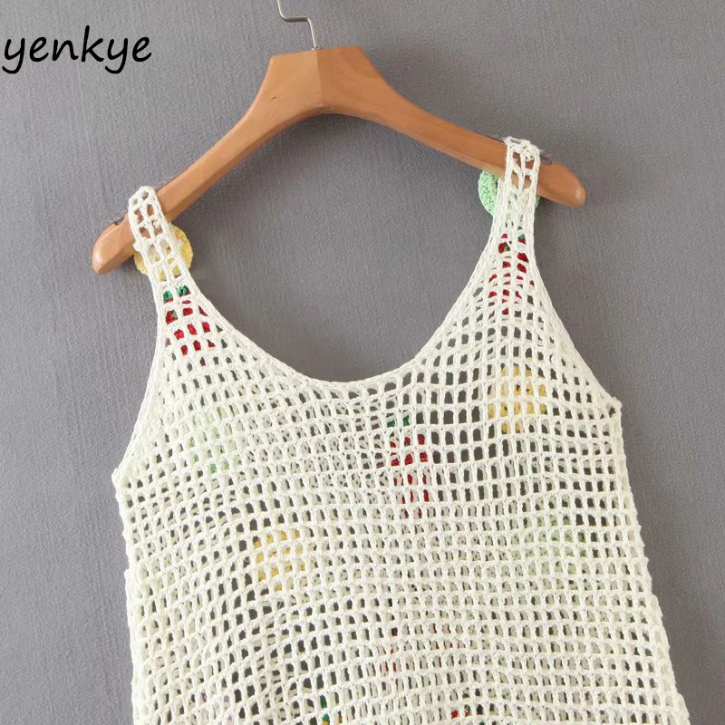 

Multicolor Fruit Appliques Crochet Dress Women Sleeveless V Neck A-line Mini Sexy Dress Female Tank Summer Beach Dress LJPZ9282