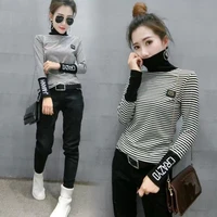 european station 2021 autumn and winter fashion black and white striped t shirt womens bottoming shirt turtleneck jacket vests