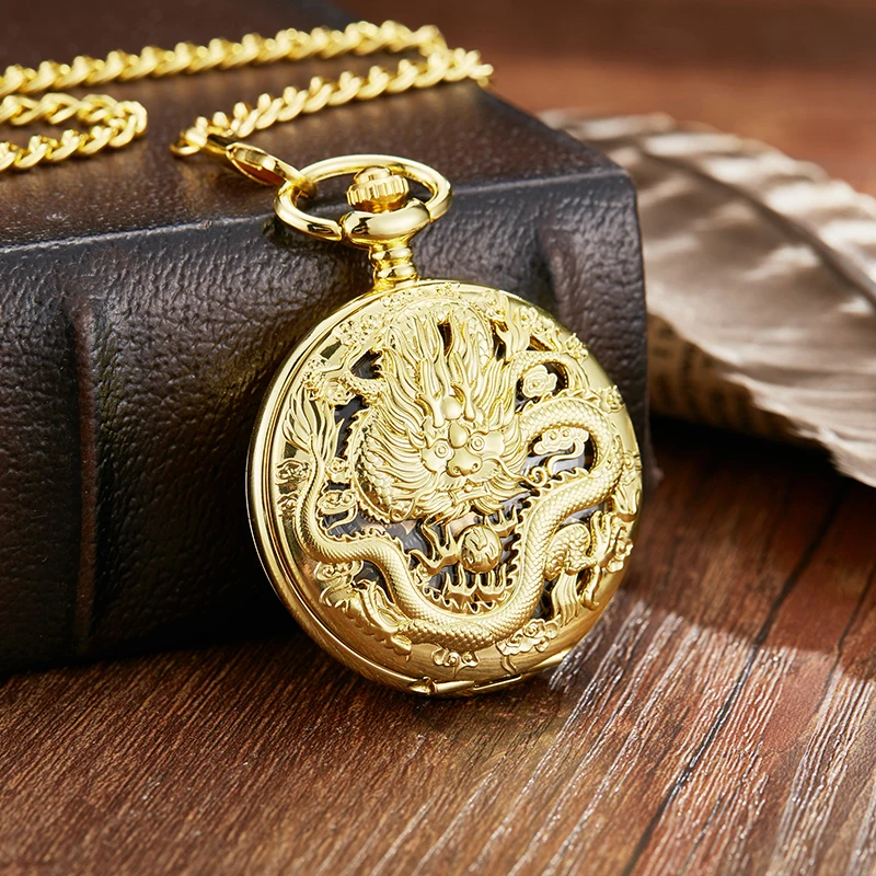 Roman Numeral Luxury Mechanical Pocket Watch Gold Dragon Steampunk Dual Open Skeleton Dial Fob Chain Clock for Men Dropshipping