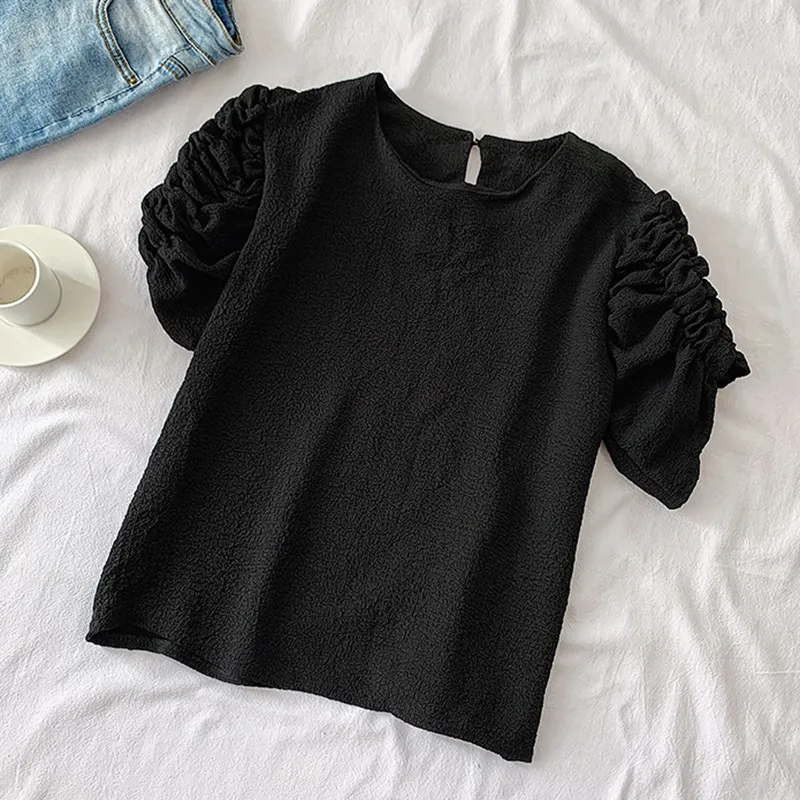 

Women French Style Fashion Blouse Round Neck Pleated Sweet Shirt Female Short Sleeve French Design Sense Niche Top