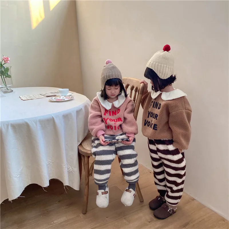 

2020 winter new children plus velvet padded Fleece casual pants striped trousers for boys and girls warm thickened clothes