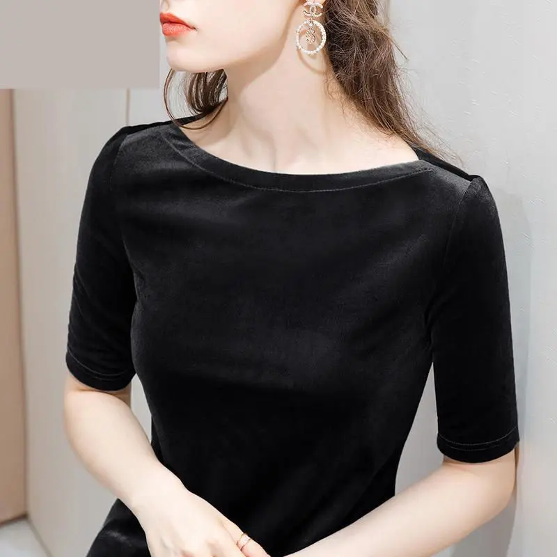 

T-shirt female 2020 autumn five-point sleeve bottoming shirt female slim gold velvet top female Corduroy Streetwear
