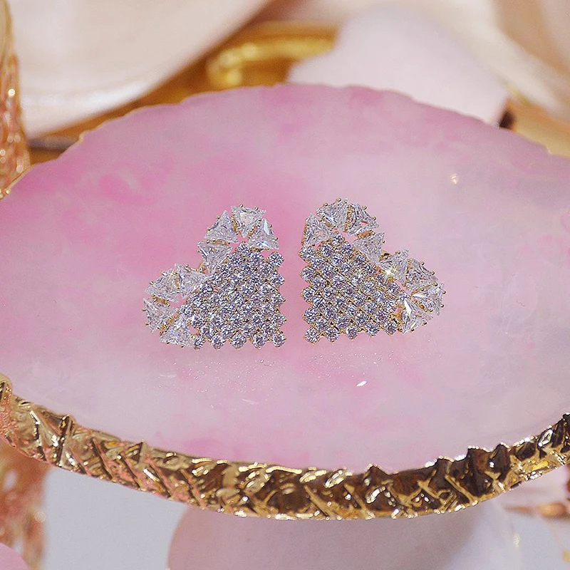 

2021 New Arrive Popular Design 14K Real Gold Lovely Heart Earring for Women Charm Jewelry Zirconia Stud S925 Silver Needle Party