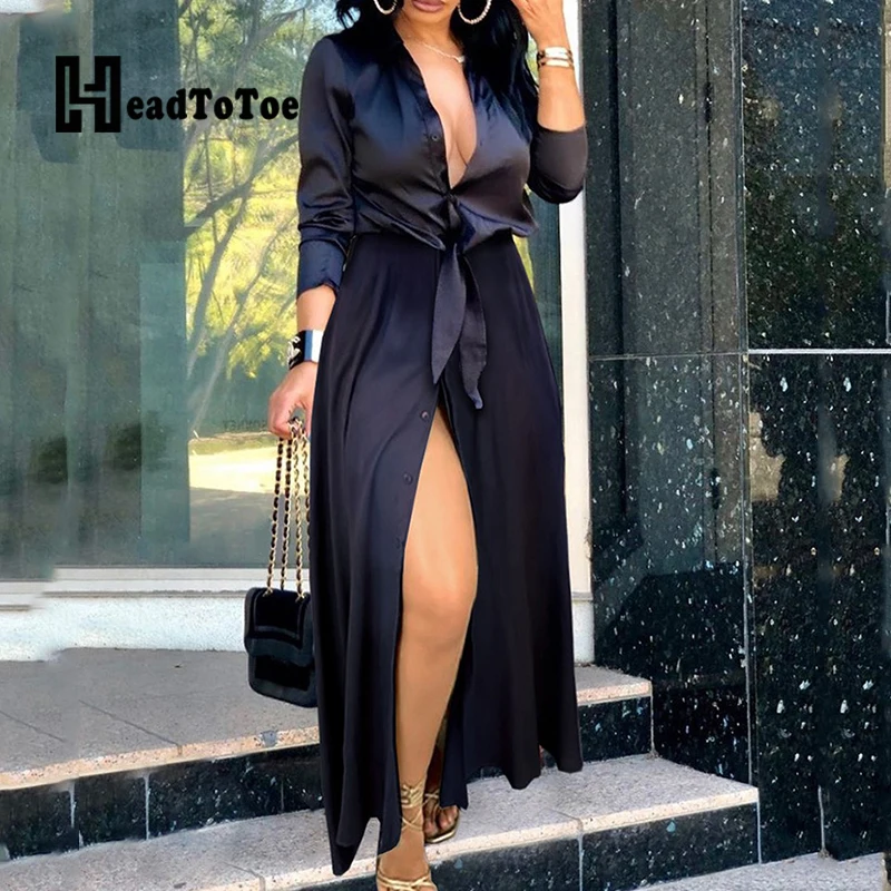 

Женское однотонное платье-рубашка макси на пуговицах с длинным рукавом и отложным воротником, повседневное рабочее платье на шнуровке