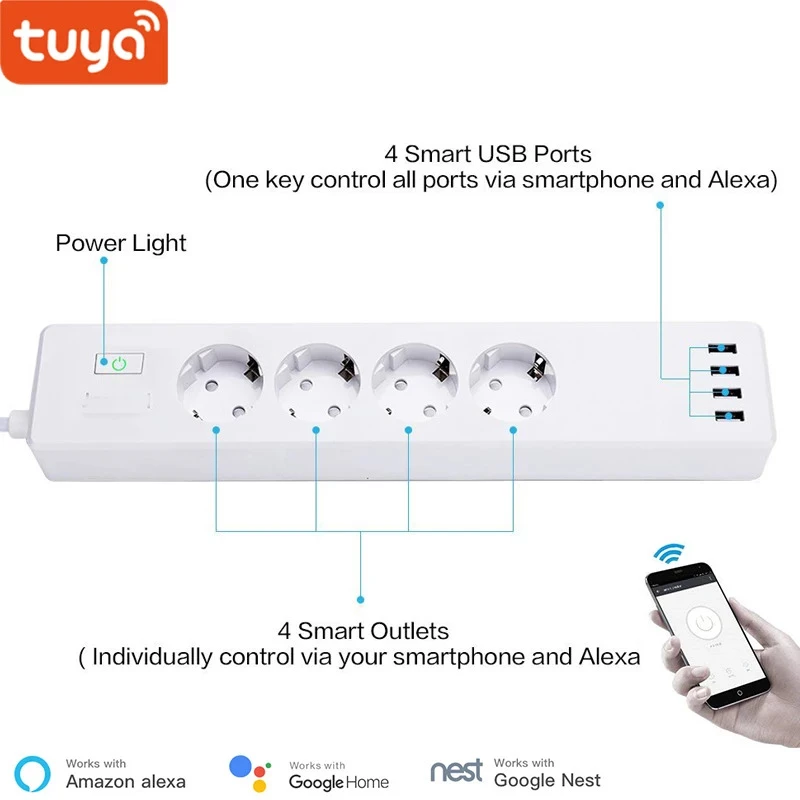 

Удлинитель Tuya Smart WiFi, стандарт ЕС, 4 разъема и 4 USB-порта, работает с Amazon Alexa и Google Nest
