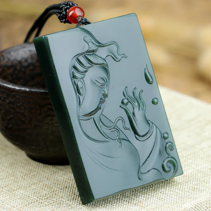 Auténtica piedra natural hetiana tallado Guanyin colgante Cabeza Cuadrada marca collar joyeria regalo|Камни| |
