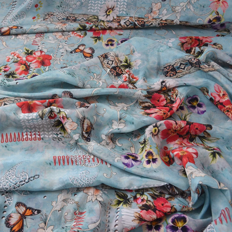 

140CM Wide 14MM Red Floral Print Blue Silk Crepe De Chine Fabric for Summer Dress Blouse Skirt Shirt Pants H570