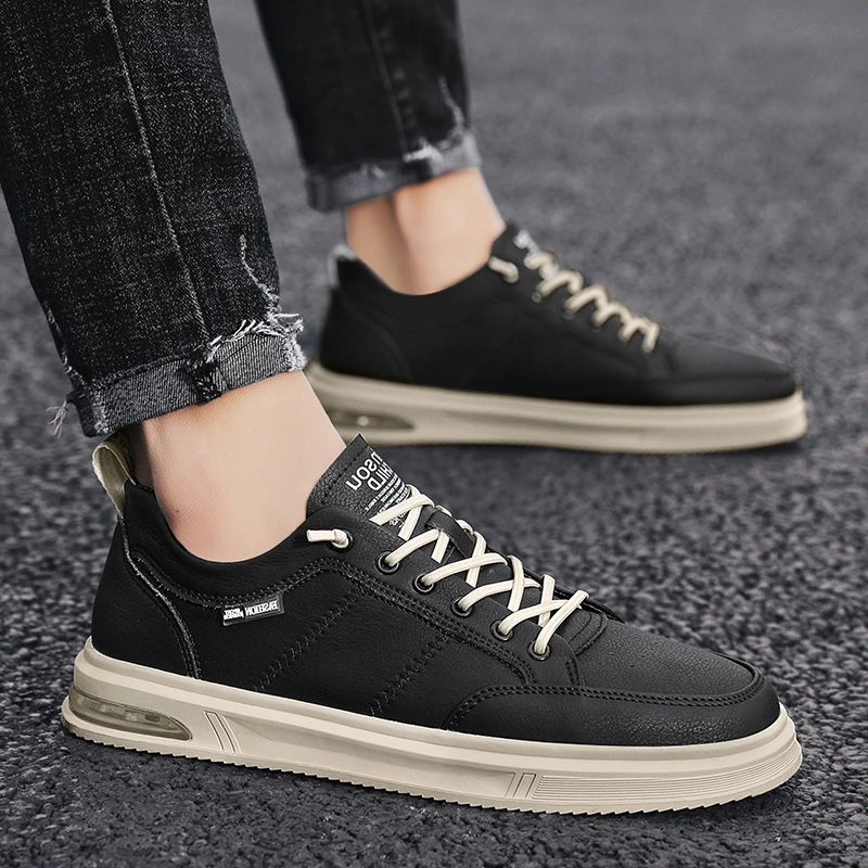 

2021 Autumn Fashion Sneakers For Men Black Beige Mens Leather Shoes High Quality Walking Men Footwear Lace Up Leather Shoes Man