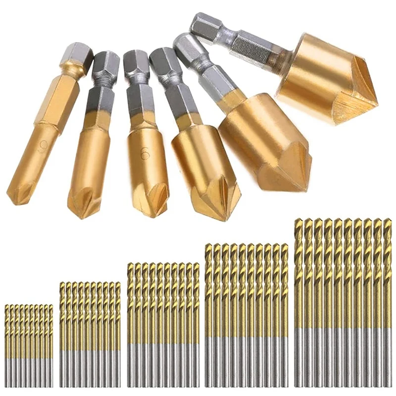 

50 Twist Drill Bit Kits With 6 Countersink Drill Bit Kits 6-19Mm For Chamfering Of Wood, Metal, Steel, And Plastic