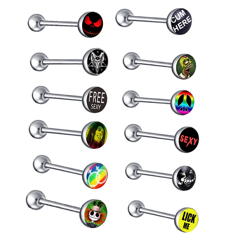 5pcs Fancy Tongue Rings Bar Words Pictures Logo Stainless Steel Straight Barbells Piercing Body Jewelry Sexy Cheap - купить по
