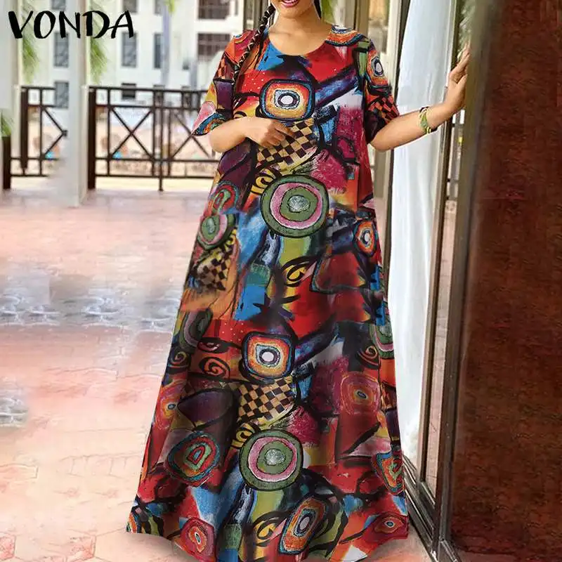 

VONDA 2022 Women Bohemian Dress Printed Long Maxi Summer Sundress Casual Short Sleeve Vestidos Female Printed Robe Plus Size 5XL