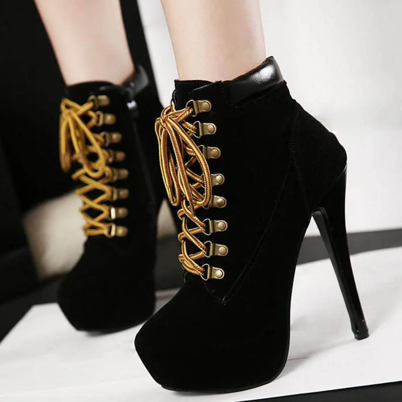 Женские мотоциклетные ботинки на платформе ботильоны шнуровке обувь высоком