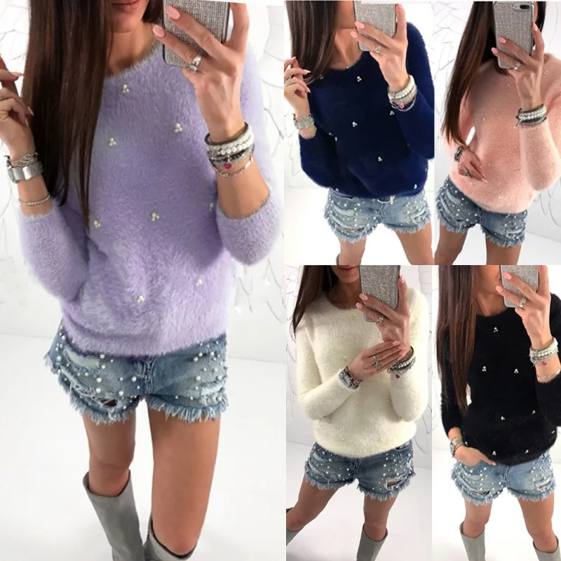 

Autumn Winter Plush Beading Sweater Womens Fashion O-Neck Pullover Sweater Autumn Winter lady Casual Loose Pearl Jerseys Sweater