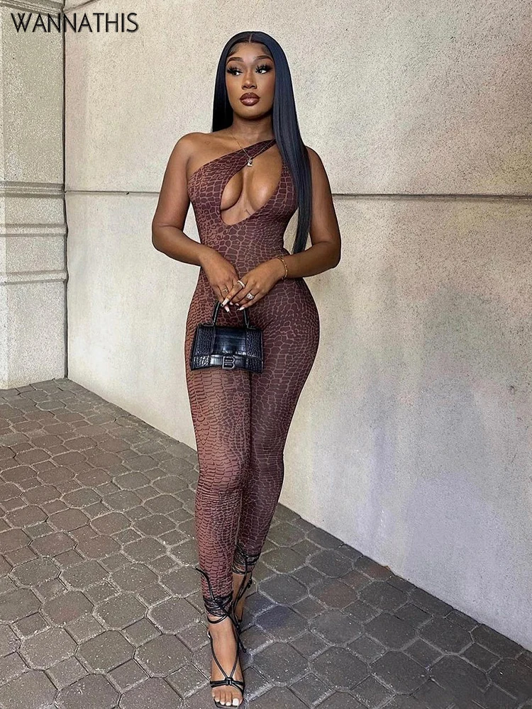 

WannaThis Y2K Women One Shoulder Knot Jumpsuit Sleeveless Summer Hollow Out Skinny Sexy Serpentine Sport Streetwear Outfit 2021