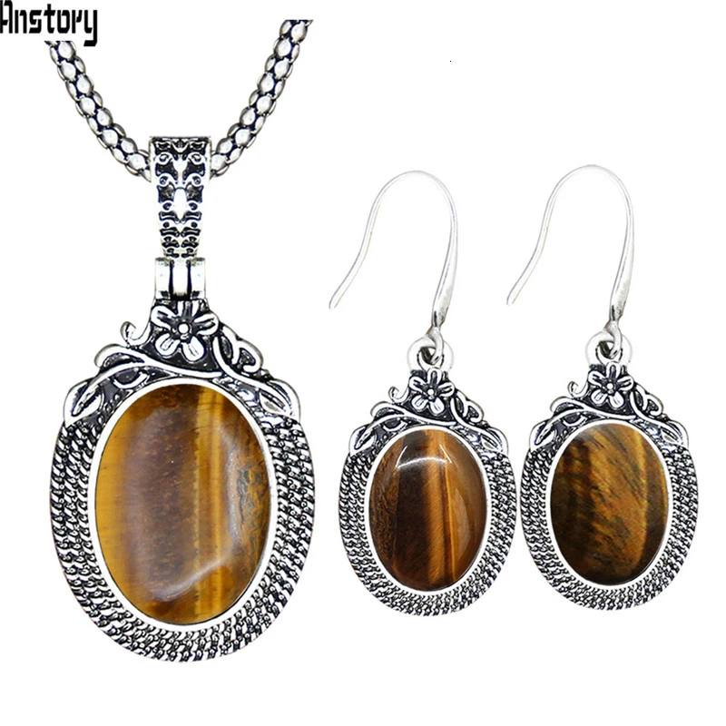 Natural Tiger Eye Винтажный комплект из ожерелья и сережек с аметистом, винтажный комплект из натурального камня, кварца, Модный женский комплект TS574 - Окраска металла: Natural Tiger Eye