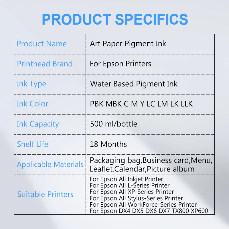 Пигментные чернила для художественной бумаги Epson T50 P50 L1300 500 L800 L1800 DX5 DX6 DX7 TX800 XP600