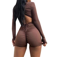 Women rompers Sexy Skinny Jumpsuit Brown Long Sleeve Deep V-neck Solid Color Tight One-piece short pants Hollow out Pleated 6