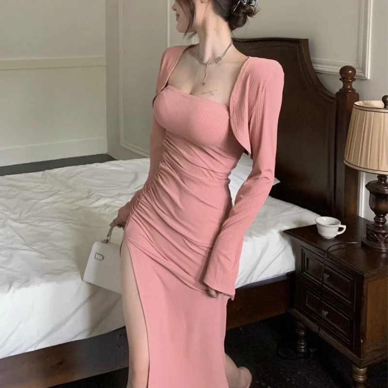 Корейское модное пикантное платье с разрезом Осенние облегающие элегантные