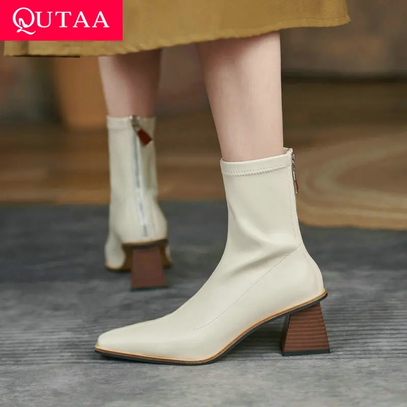 

QUTAA 2022 Women Ankle Boots Zipper Square High Heel Pointed Toe Autumn Shoes Winter Platform Sexy Beige Ankle Boots Size 34-43