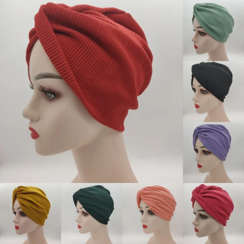 Фото Шапка-бини однотонная Эластичная головная повязка-тюрбан головные уборы женские