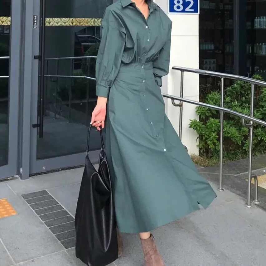 new arrival 2021 spring fashion puff sleeve lapel dress women high waist single breasted shirt | Женская одежда
