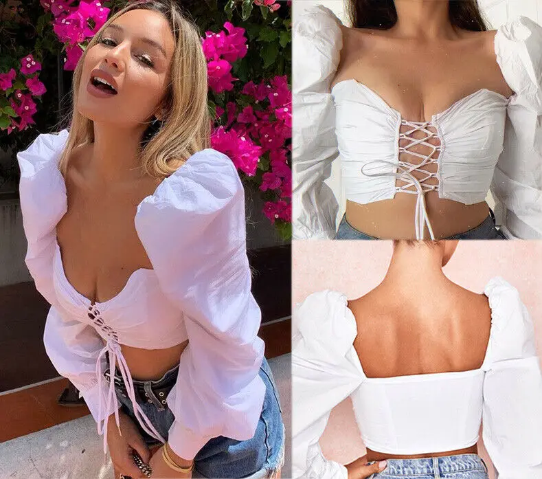 Women's Front Bandage Crop Top Summer Casual Solid Tops Long Sleeves Shirts | Дом и сад