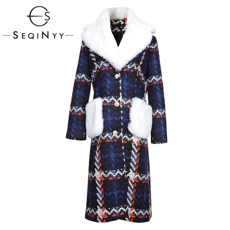 SEQINYY, длинное пальто, Осень-зима, модный дизайн, длинный рукав, в клетку, твид, белый мех, толстый Топ, высокое качество