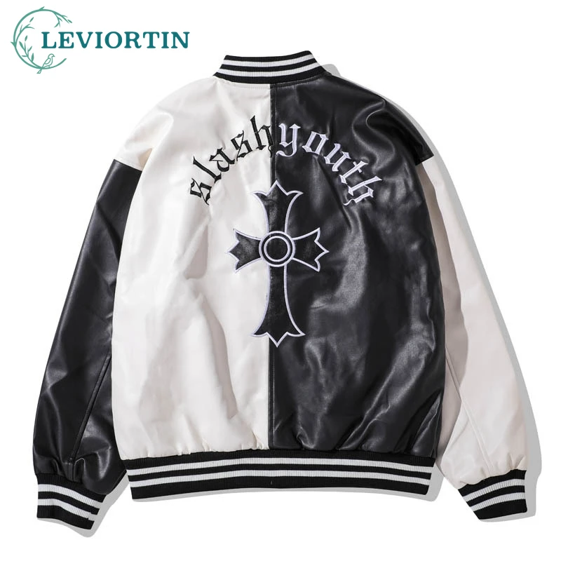 

Men's Fashion Letter Embroidery PU Leather Baseball Jackets Color Contrast Patchwork Baseball Jacket Hip Hop Coat for Male