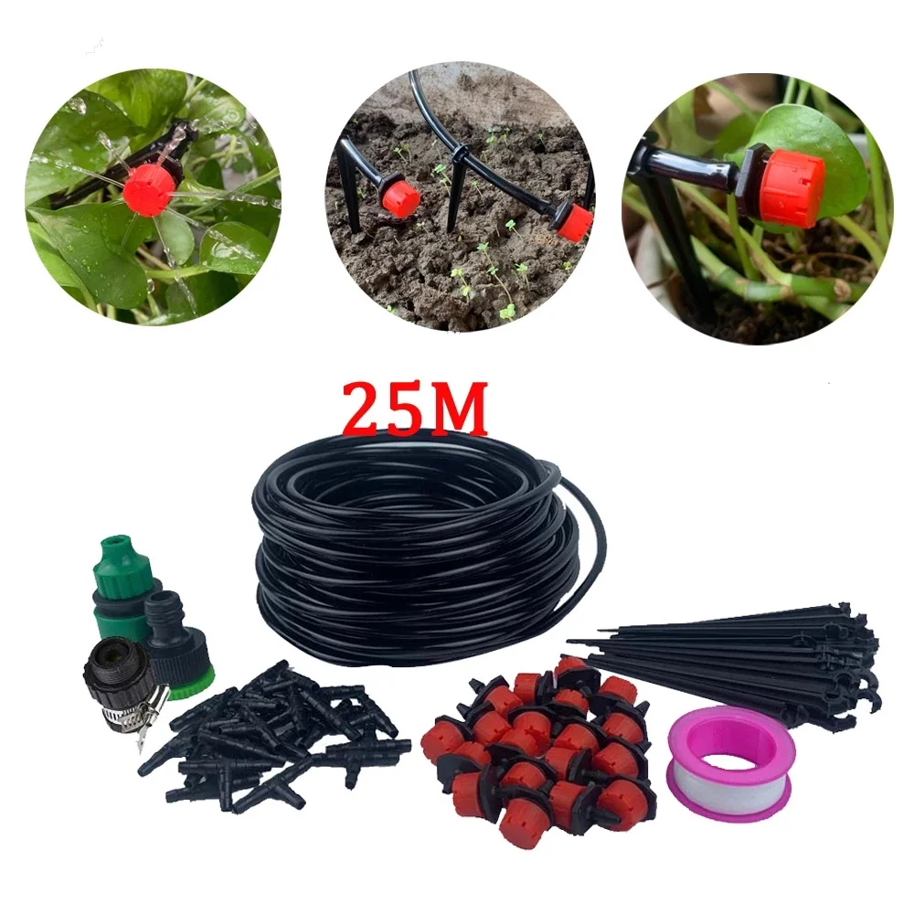 

25m Automatic Watering Garden 1/4" Hose Drip Watering 8 Hole Sprinkler Kits With Adjustable Drippers DIY Drip Irrigation System