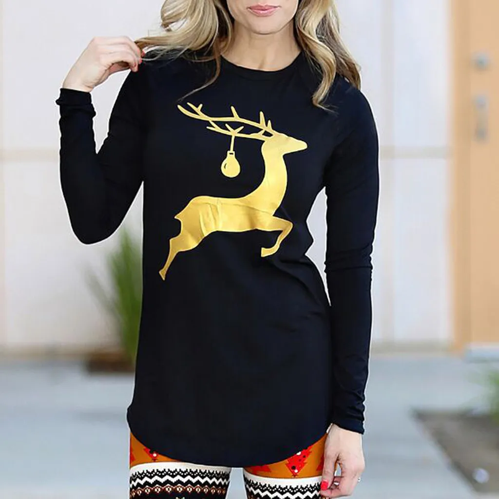 Женский Принт с рождественским лосем футболка реглан пуловер топ Повседневная
