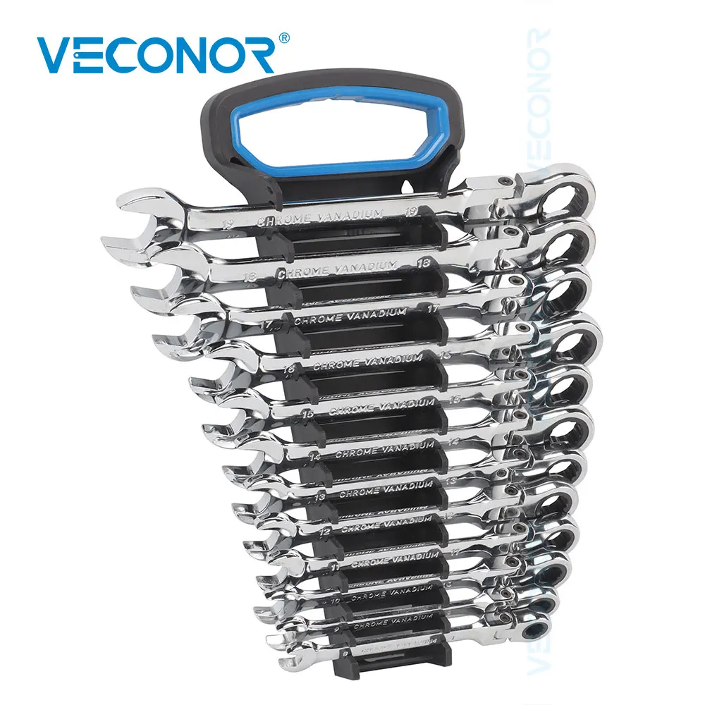 Car Ratchet Wrench Tool Set 12Pcs Key Set of Universal Ratchet Spanner Wrench Set Hand Tools Socket Dull/Mirror Polish with Rack