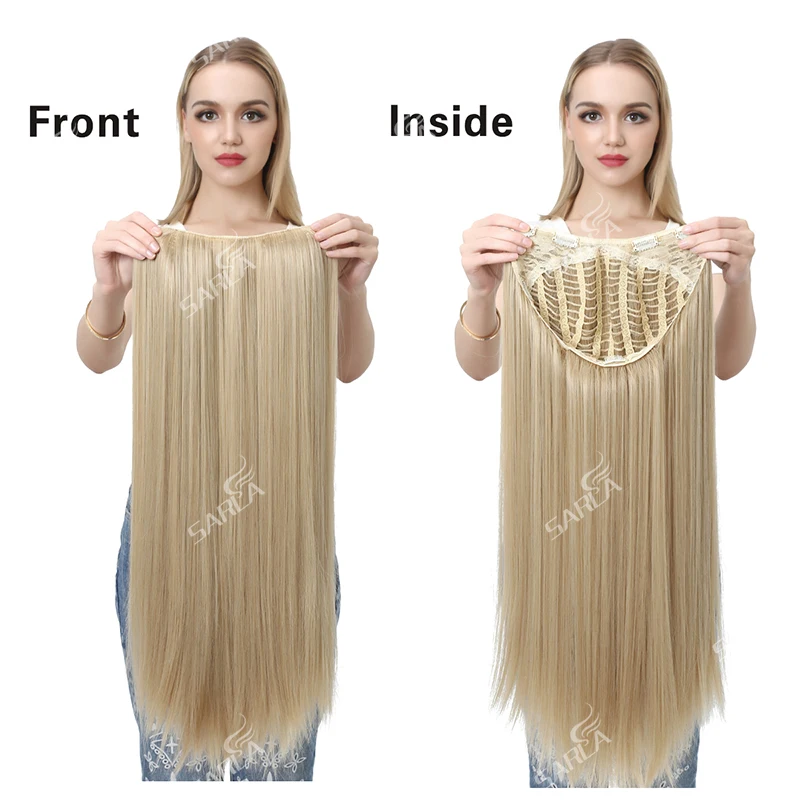 Half Wig Clip in Synthetic U Part 3/4 Long Straight 28" Thick Hair Extensions Natural Hairpiece For Women Black Brown 02 |