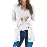 Women Long Sleeve Cardigan Single-Breasted Sweater Solid Cable Knit Outwear Coat