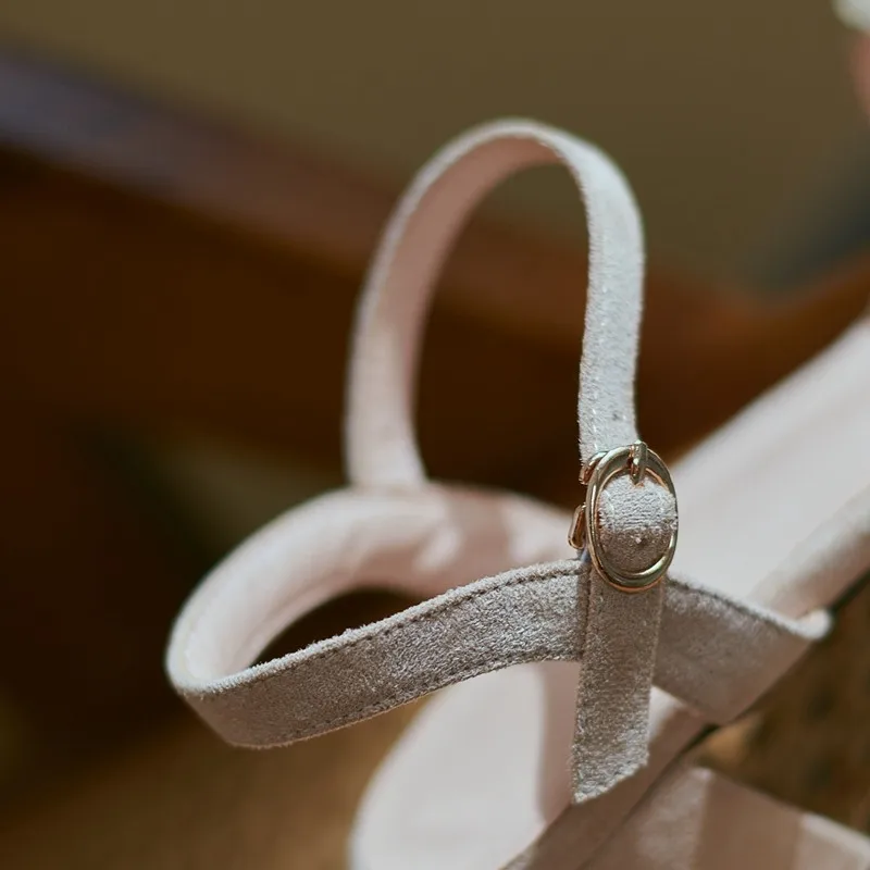 

Handmade Womens Sandals 2021 Female Shoes Woman Suede Flock Open Toe Pearls Bow Knot Ankle Wrap Nude Ladies Party Shoes Size 43