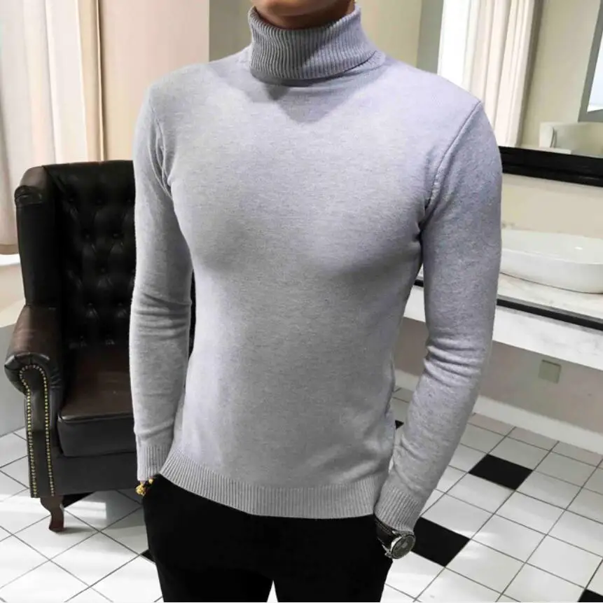 Мужской плотный теплый свитер с высоким воротом облегающий трикотажный пуловер