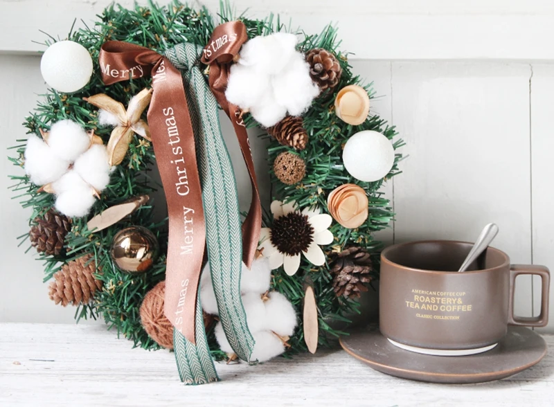 Artificial Handmade flower Wreath Cotton pine cone Wedding Christmas Decor DIY Hanging Weaved Garlands Crafts accessory |